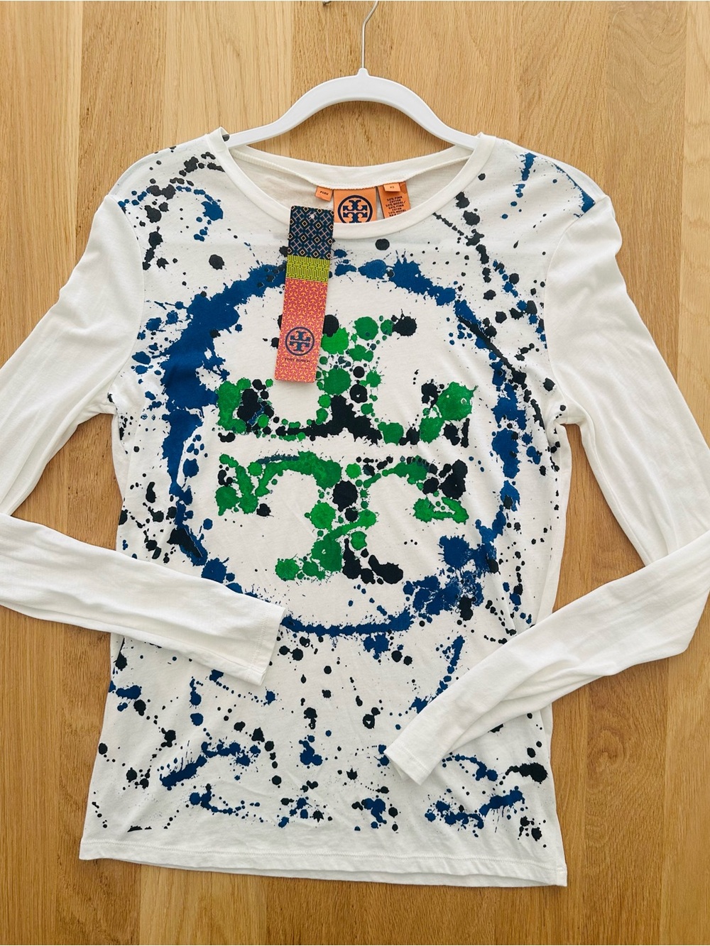 NWT with noted flaw - Tory Burch White Long-Sleeve Tee with Blue & Green Logo